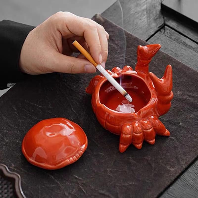 Ceramic Ashtray 2-Pack 4.5" X 3.15" Heat-Resistant Red Crab Design - Odor-Containing Lid Decorative Smoking Tray for Indoor Outdoor Patio Beach Marine Use - Image 3