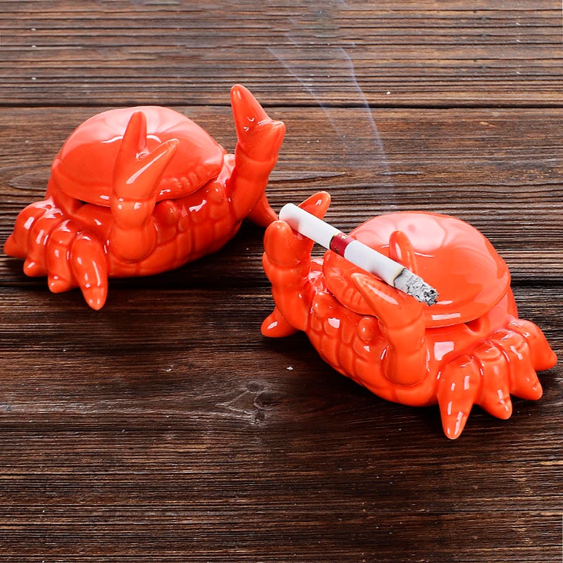 Ceramic Ashtray 2-Pack 4.5" X 3.15" Heat-Resistant Red Crab Design - Odor-Containing Lid Decorative Smoking Tray for Indoor Outdoor Patio Beach Marine Use - Image 1