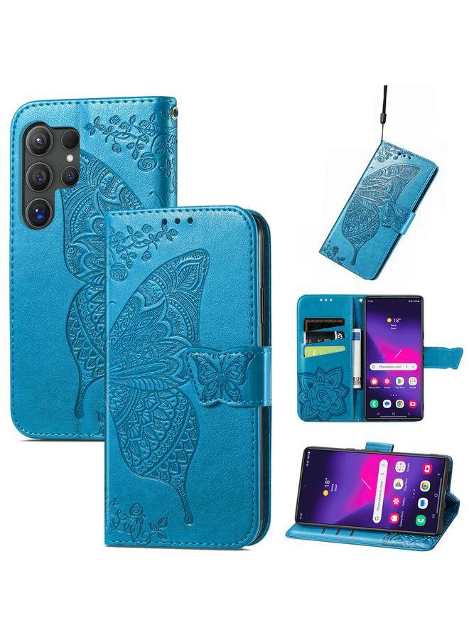 اس-توب جراب لهاتف Samsung Galaxy S25 Ultra 5G جراب هاتف من الجلد المنقوش بنقشة زهور الحب على شكل فراشة - Image 1