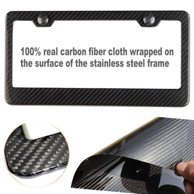 ZXFOOG Carbon Fiber License Plate Frame- 100% Handcrafted Real Carbon Fiber Cloth Wrap Holder, Wide Edge Black Stainless Steel Car Tag Cover with Stainless Steel Screws Caps, 1 Pack 2 Hole - Image 2