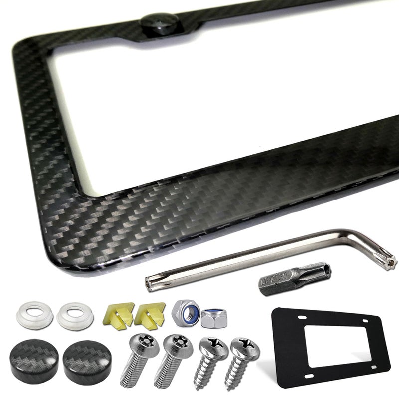 ZXFOOG Carbon Fiber License Plate Frame- 100% Handcrafted Real Carbon Fiber Cloth Wrap Holder, Wide Edge Black Stainless Steel Car Tag Cover with Stainless Steel Screws Caps, 1 Pack 2 Hole - Image 1