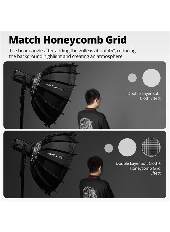 AMBITFUL 23.6''/ 60cm Studio Silver Wide Angle Beauty Dish Honeycomb Grid Bowens Mount for for Photography Studio Flash Head and Monolight - Image 4