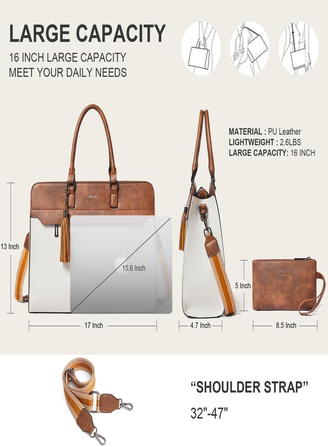 Shrrie 17 inch Laptop Bag for Women,Water-Resistant Work Bag LaptopTote Bag,Professional Business Tote for Office,Travel,College-Fits 15.6 Laptop&Tablet,Briefcase with Satchel Purse,Beige with Brown - Image 4