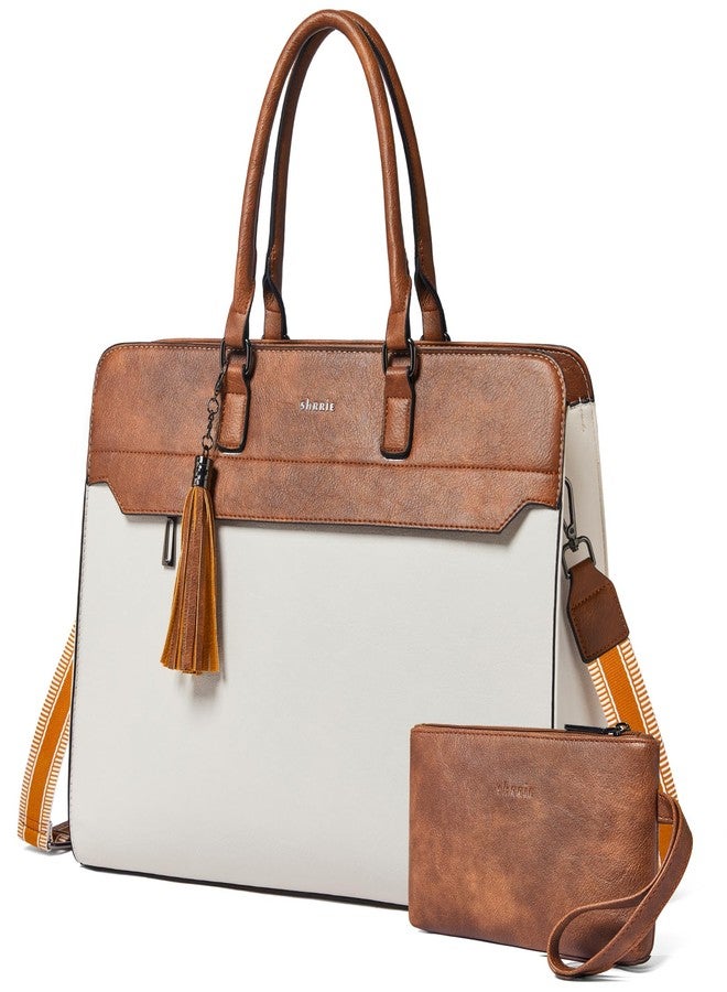 Shrrie 17 inch Laptop Bag for Women,Water-Resistant Work Bag LaptopTote Bag,Professional Business Tote for Office,Travel,College-Fits 15.6 Laptop&Tablet,Briefcase with Satchel Purse,Beige with Brown - Image 1