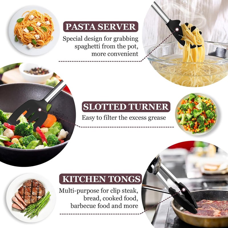 TeamFar Kitchen Utensils Set of 8, Silicone Utensils Kitchen Tools Set with Stainless Steel Handle, for Frying Serving Flipping Draining, Non-toxic & Heatproof, Nonstick & Dishwasher Safe - Black - Image 4