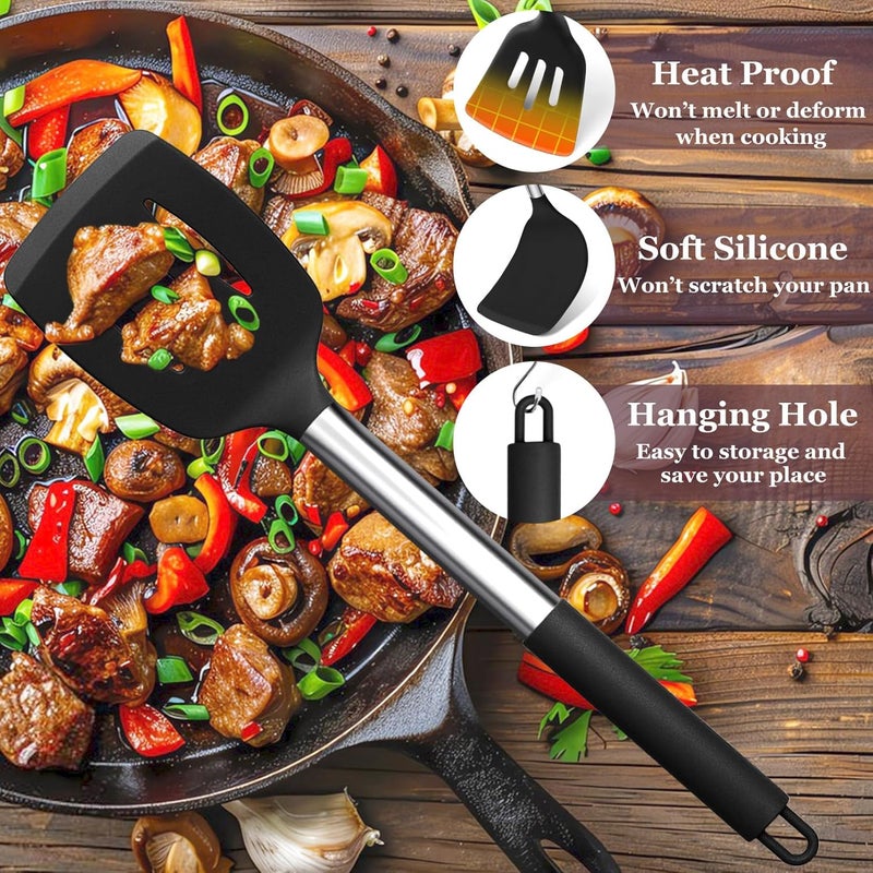 TeamFar Kitchen Utensils Set of 8, Silicone Utensils Kitchen Tools Set with Stainless Steel Handle, for Frying Serving Flipping Draining, Non-toxic & Heatproof, Nonstick & Dishwasher Safe - Black - Image 3
