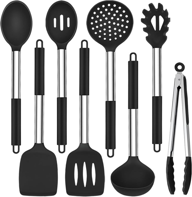 TeamFar Kitchen Utensils Set of 8, Silicone Utensils Kitchen Tools Set with Stainless Steel Handle, for Frying Serving Flipping Draining, Non-toxic & Heatproof, Nonstick & Dishwasher Safe - Black - Image 1