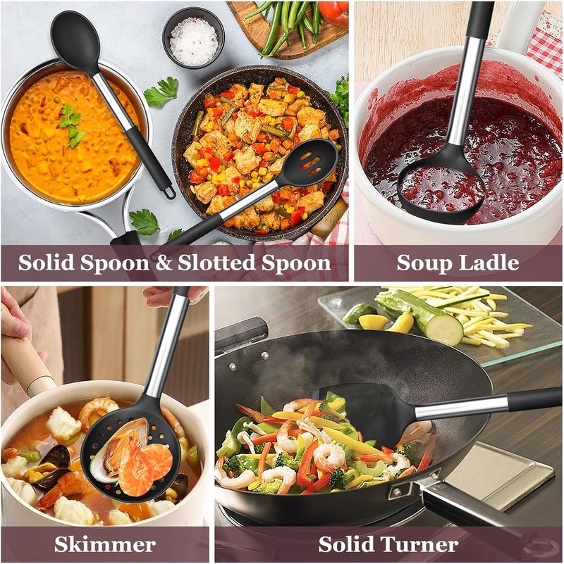 TeamFar Kitchen Utensils Set of 8, Silicone Utensils Kitchen Tools Set with Stainless Steel Handle, for Frying Serving Flipping Draining, Non-toxic & Heatproof, Nonstick & Dishwasher Safe - Black - Image 5