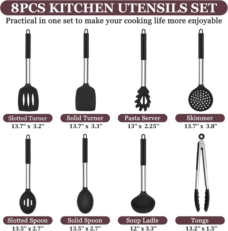 TeamFar Kitchen Utensils Set of 8, Silicone Utensils Kitchen Tools Set with Stainless Steel Handle, for Frying Serving Flipping Draining, Non-toxic & Heatproof, Nonstick & Dishwasher Safe - Black - Image 2