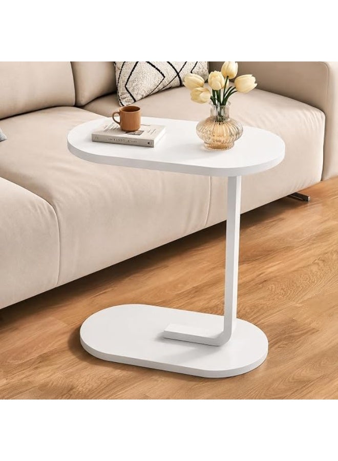Modern Side Coffee Table Compact Living Room Accent Furniture Wooden Top Metal Stand Sofa Bedside Snack Laptop Holder Minimal Design Space Saving Home Decor Use (White) - Image 1