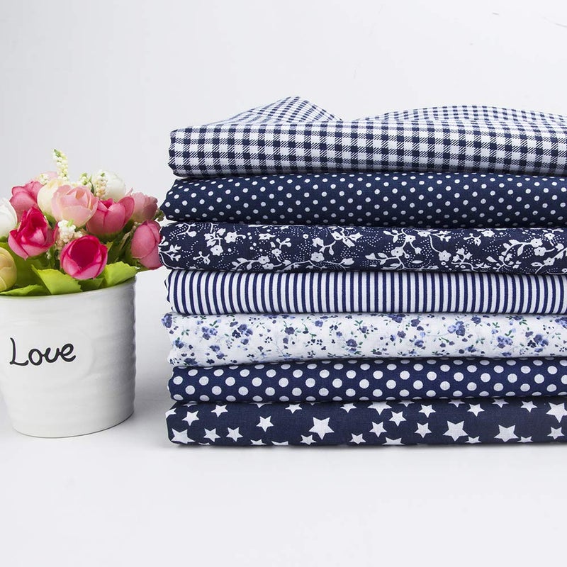 7Pcs 20 x 20 Cotton Fabric DIY Making Supplies Quilting Patchwork Fabric Fat Quarter Bundles DIY for Quilting Cotton Patchwork Cushions Navy Blue 20 x 20