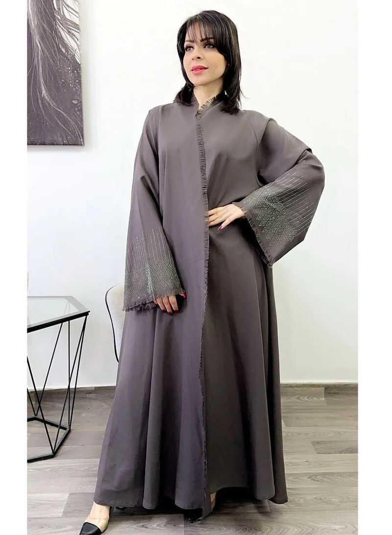 Fashion Line Beautiful Abaya Crystal with Ketan High-Neck Closh Grey