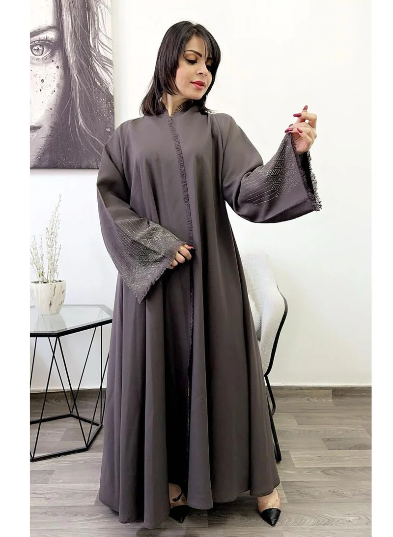 Fashion Line Beautiful Abaya Crystal with Ketan High-Neck Closh Grey