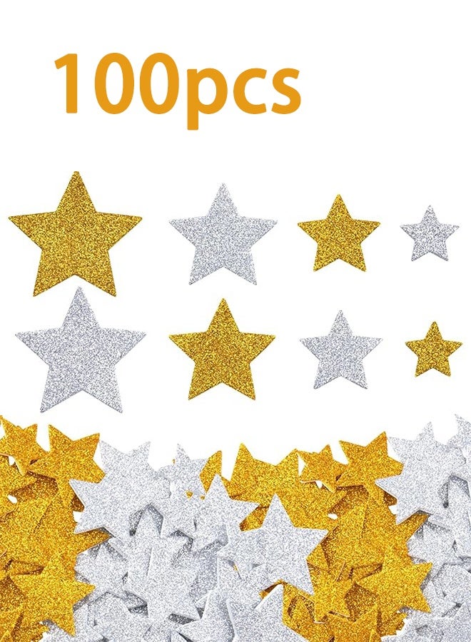 100 PCS Glitter Star Foam Stickers,Gold and Silver Foam Stars Shape Stickers Self Adhesive,Large&Small Sticky Stars for Kid's Arts Posters Craft Supplies Scrapbooks kids Reward Home Decor Christmas - Image 1