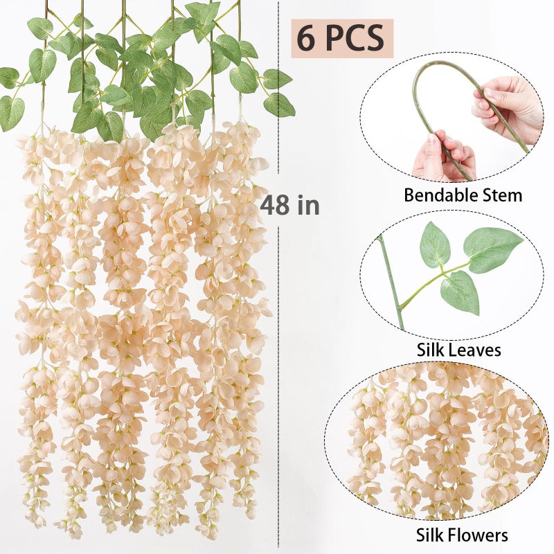 mizii 6Pcs Beige Wisteria Hanging Flowers 48" Silk Wisteria Artificial Flowers Garland Vines Fake Hanging Flowers Decoration for Wedding Flower Wall Backdrop Centerpieces Party Room Decor (Beige) - Image 2
