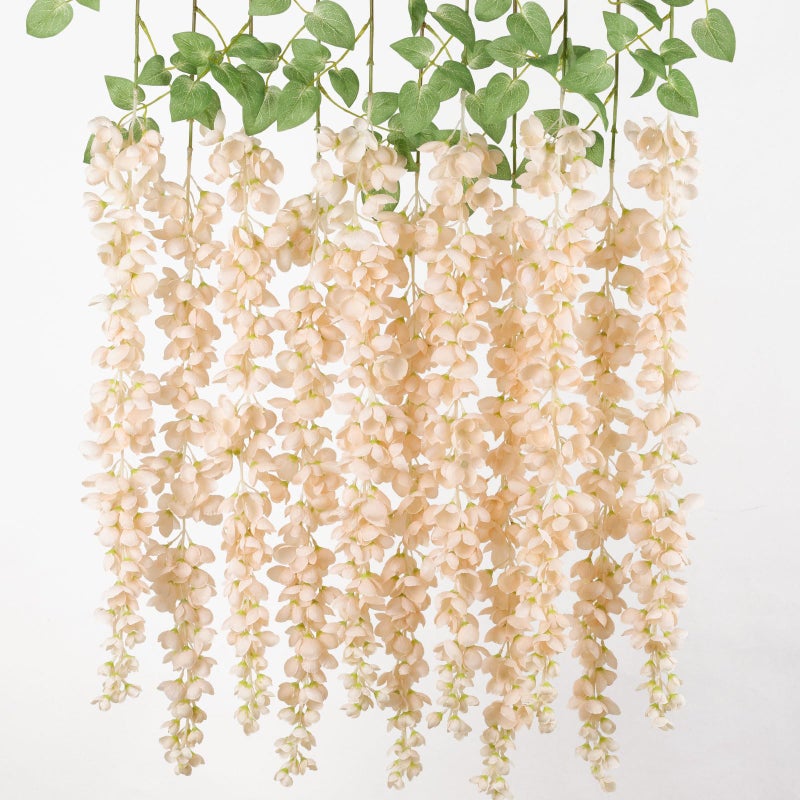 mizii 6Pcs Beige Wisteria Hanging Flowers 48" Silk Wisteria Artificial Flowers Garland Vines Fake Hanging Flowers Decoration for Wedding Flower Wall Backdrop Centerpieces Party Room Decor (Beige) - Image 1