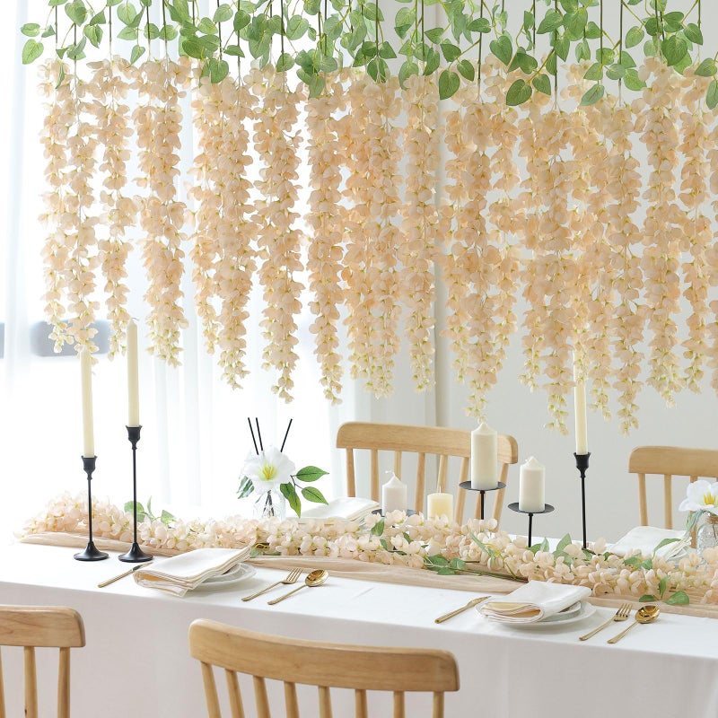 mizii 6Pcs Beige Wisteria Hanging Flowers 48" Silk Wisteria Artificial Flowers Garland Vines Fake Hanging Flowers Decoration for Wedding Flower Wall Backdrop Centerpieces Party Room Decor (Beige) - Image 3