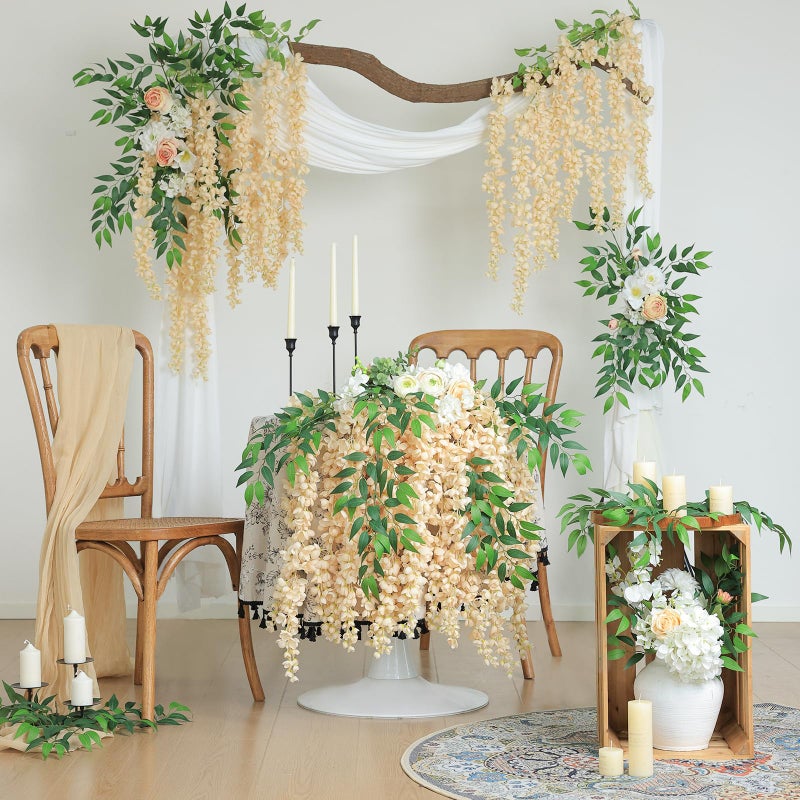 mizii 6Pcs Beige Wisteria Hanging Flowers 48" Silk Wisteria Artificial Flowers Garland Vines Fake Hanging Flowers Decoration for Wedding Flower Wall Backdrop Centerpieces Party Room Decor (Beige) - Image 5
