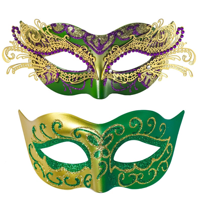 BCARICH Mardi Gras Masquerade Masks For Couples, Women Cosplay Mask with Rhinestone and Venetian Style Men Mask for Carnival Mardi Gras Halloween - Image 1