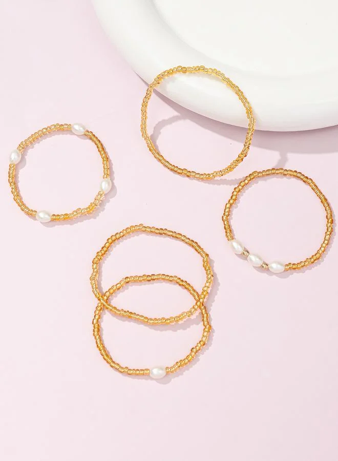 تايك تو Pack of 5 - Golden Beaded Bracelets with Pearls Accents