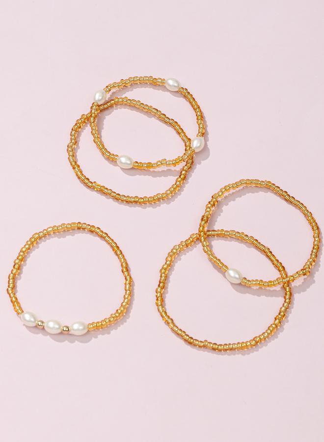 Take Two Pack of 5 - Golden Beaded Bracelets with Pearls Accents - Image 3