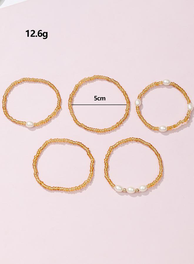 Take Two Pack of 5 - Golden Beaded Bracelets with Pearls Accents - Image 4