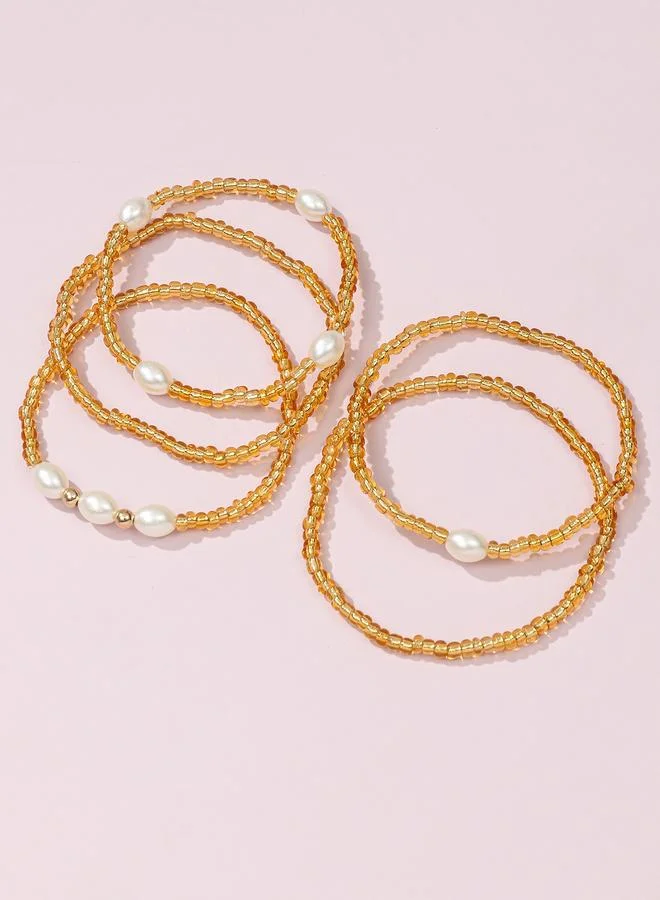 تايك تو Pack of 5 - Golden Beaded Bracelets with Pearls Accents