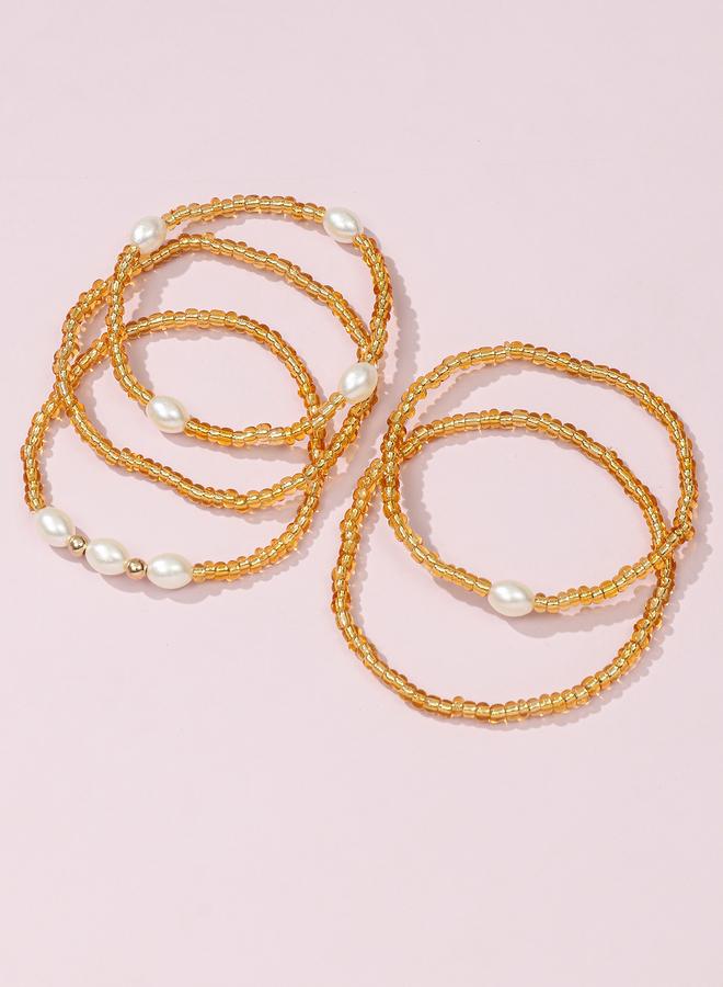 Take Two Pack of 5 - Golden Beaded Bracelets with Pearls Accents - Image 1