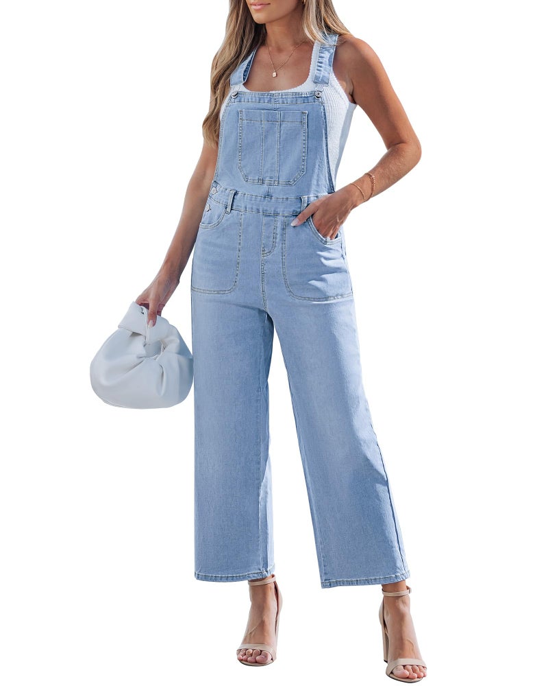 luvamia Wide Leg Overalls for Women Denim Loose Fit Baggy Bib Adjustable Cropped Casual Stretchy Jean Jumpsuit Overall Seaside Blue Size Large Fits US 12-14 - Image 1