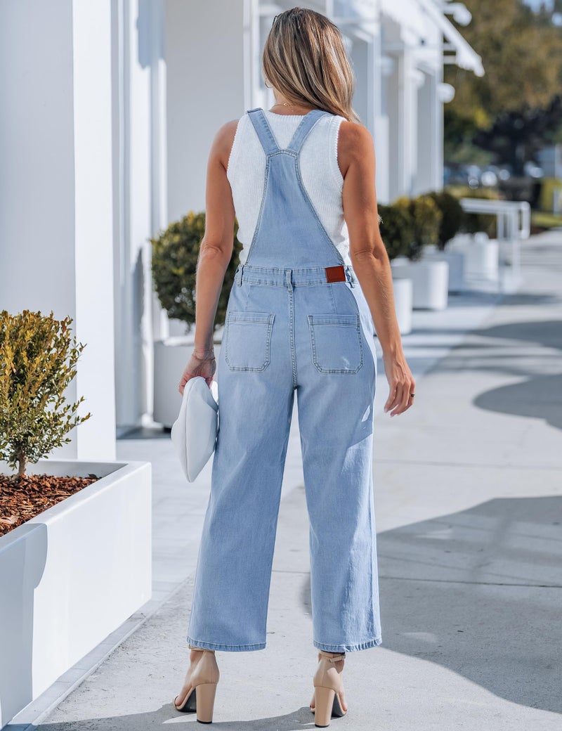 luvamia Wide Leg Overalls for Women Denim Loose Fit Baggy Bib Adjustable Cropped Casual Stretchy Jean Jumpsuit Overall Seaside Blue Size Large Fits US 12-14 - Image 2