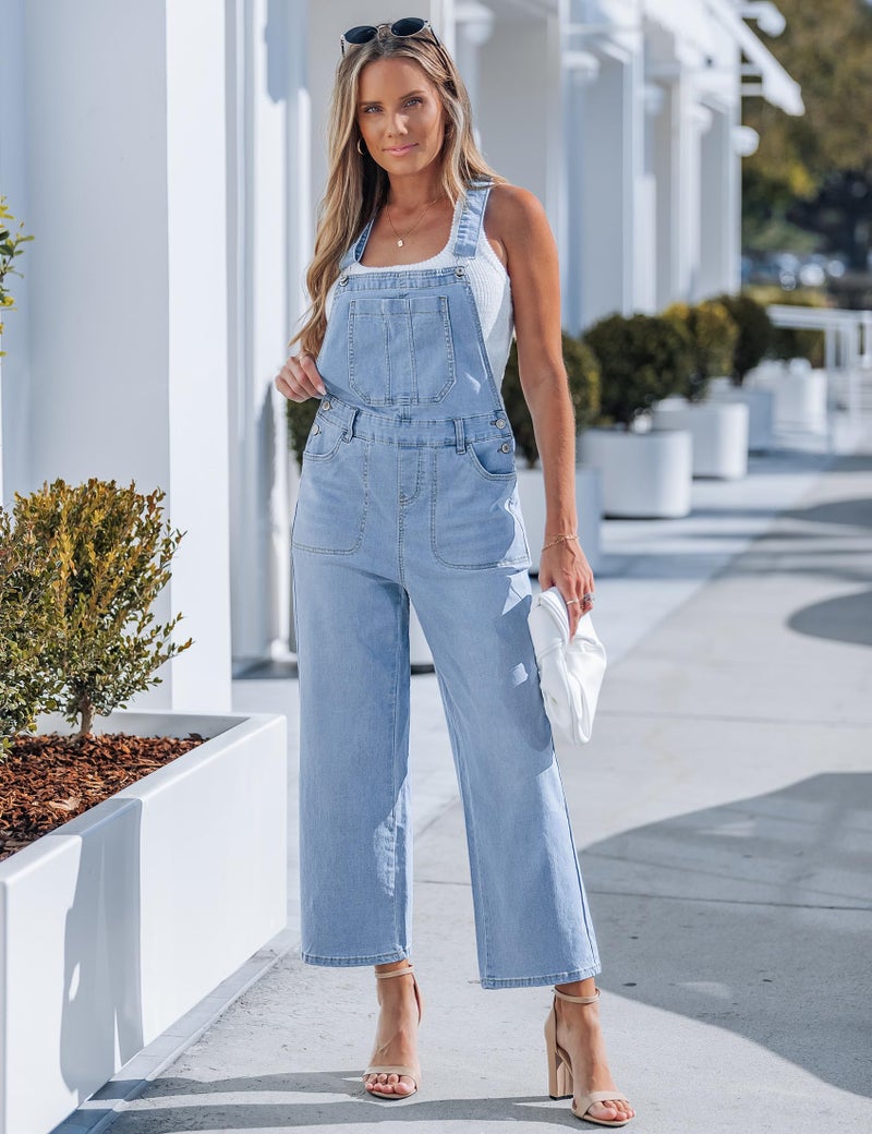 luvamia Wide Leg Overalls for Women Denim Loose Fit Baggy Bib Adjustable Cropped Casual Stretchy Jean Jumpsuit Overall Seaside Blue Size Large Fits US 12-14 - Image 3