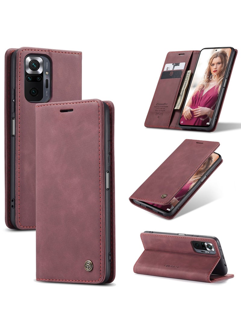 CaseMe Phone Case Luxury PU Leather Design 013 Flip Cover Card Slot Holder Cover For Redmi Note 10 Pro 4G (Wine Red)  - Image 1