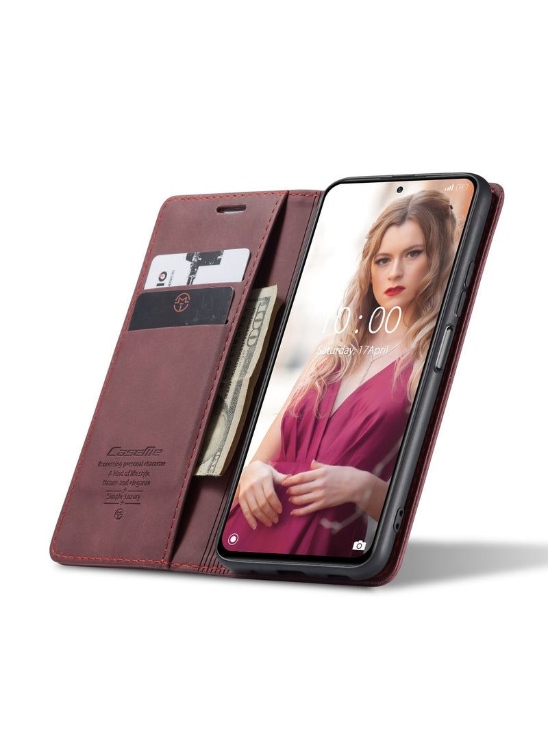 CaseMe Phone Case Luxury PU Leather Design 013 Flip Cover Card Slot Holder Cover For Redmi Note 10 Pro 4G (Wine Red)  - Image 2