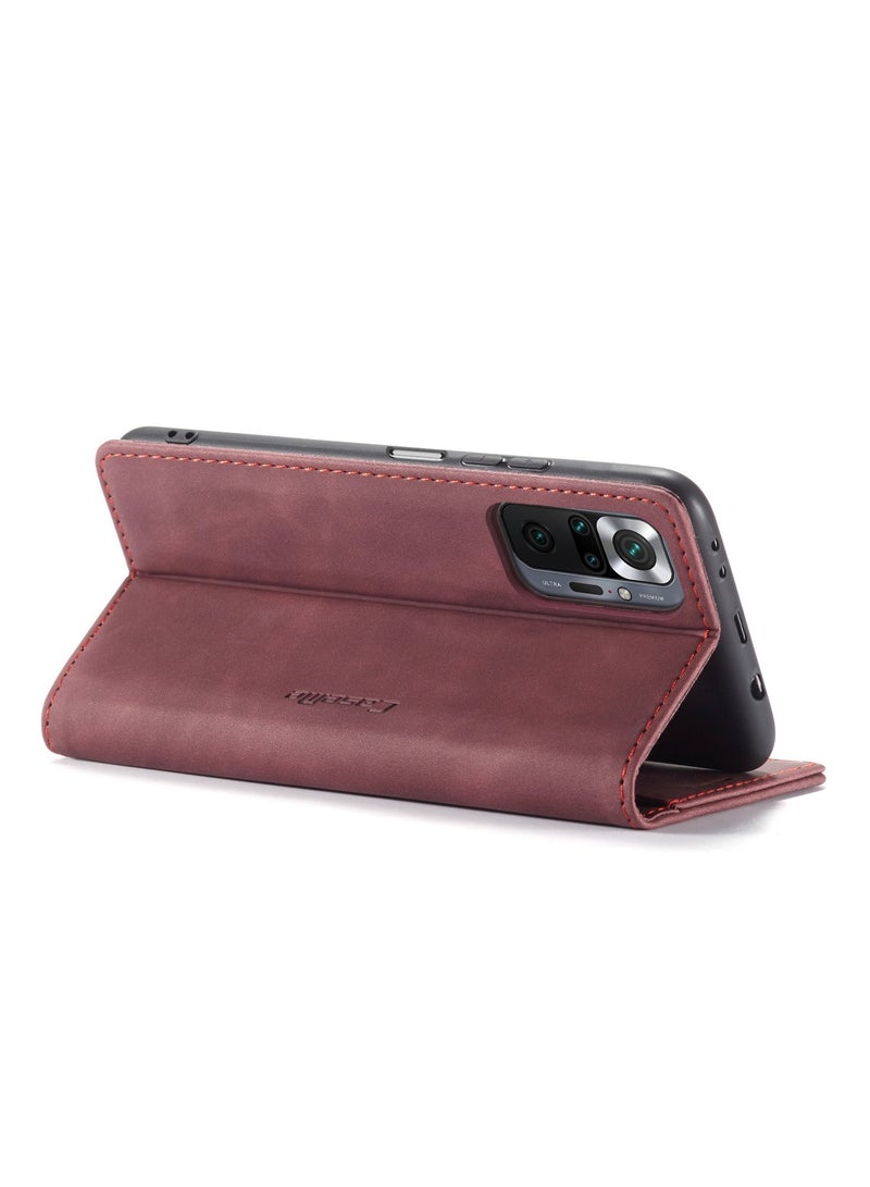 CaseMe Phone Case Luxury PU Leather Design 013 Flip Cover Card Slot Holder Cover For Redmi Note 10 Pro 4G (Wine Red)  - Image 3