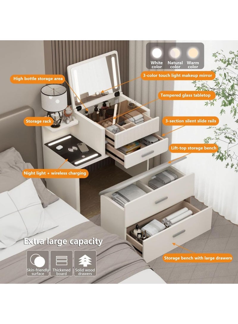 Generic Distinctive Modern Dressing Table, Advanced Solid Wood, Round Smart Mirror with Strong LED Lighting in three Color Modes, Smart Side Table with Wireless Charging and a Comfort Chair  - Image 5