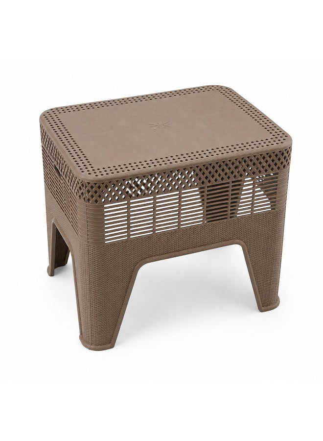 Generic Rattan-Style Plastic Side Table with Built-in Handles for Garden and Balcony - Café - Image 1