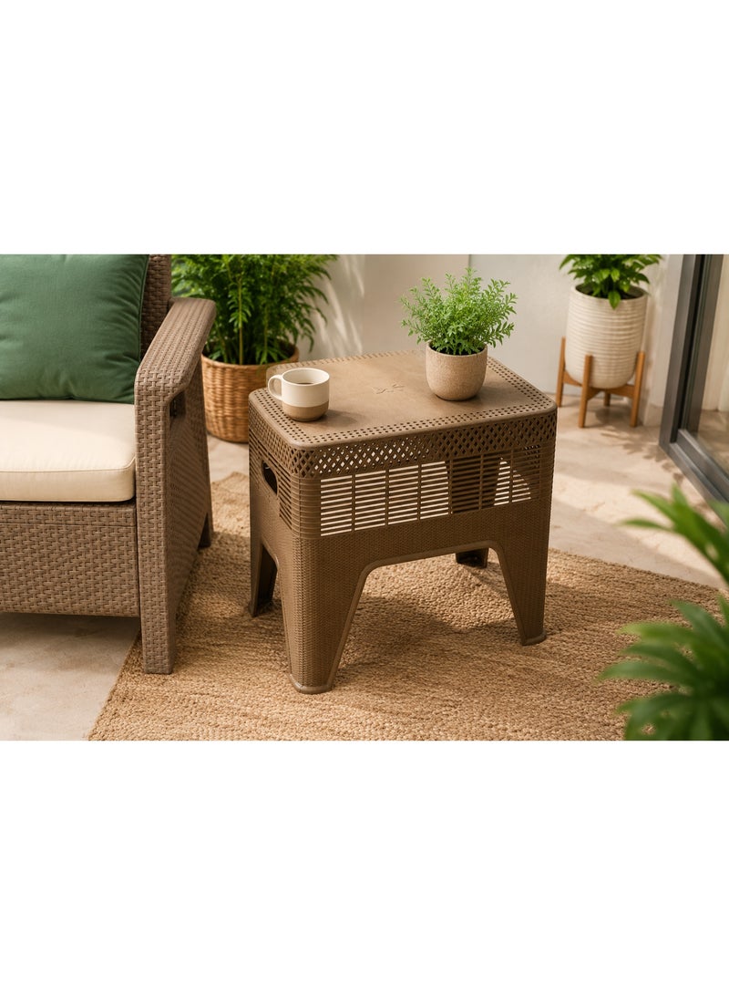 Generic Rattan-Style Plastic Side Table with Built-in Handles for Garden and Balcony - Café - Image 2