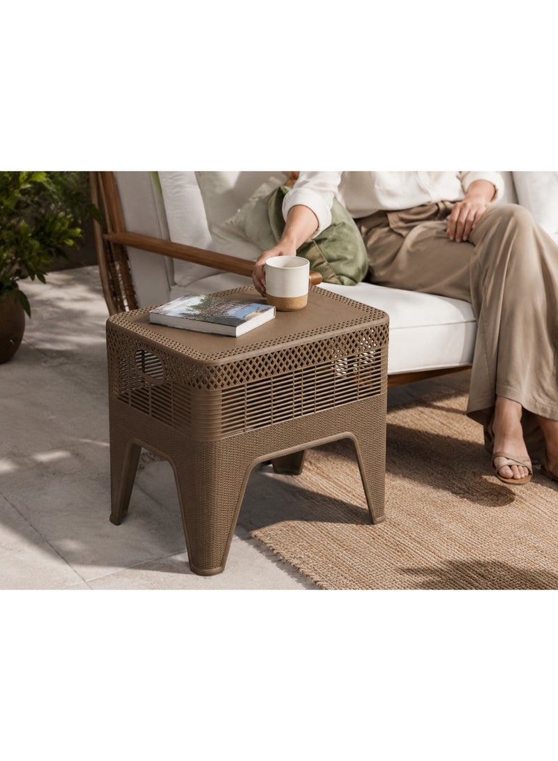 Generic Rattan-Style Plastic Side Table with Built-in Handles for Garden and Balcony - Café - Image 3