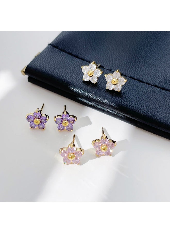 3 pairs of small and sweet diamond encrusted petal flower earrings for girls, delicate and luxurious, niche stainless steel material earrings - Image 1