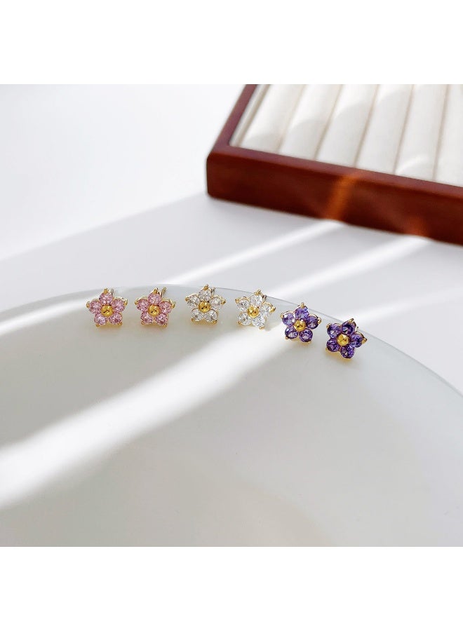 3 pairs of small and sweet diamond encrusted petal flower earrings for girls, delicate and luxurious, niche stainless steel material earrings - Image 4