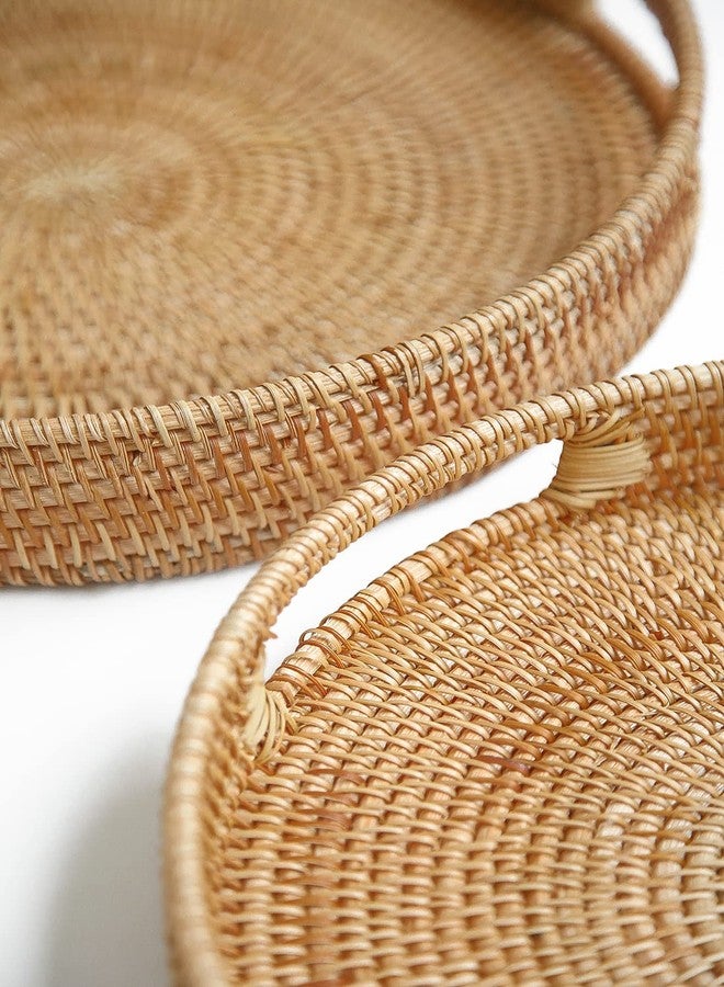 HITOMEN 11.8" Hand-Woven Round Rattan Serving Tray Decorative Wicker Trays with Handles for Coffee Table (Natural-M) - Image 5