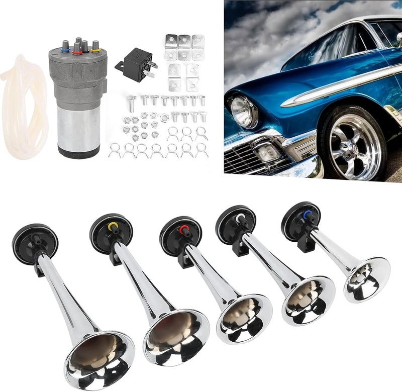 klarako Air Trumpet, klarako Car 5 Trumpet Set Air Horn Dixie Tune 12V with Compressor Chrome Color Replacement for Trains Ships Vans - Image 5