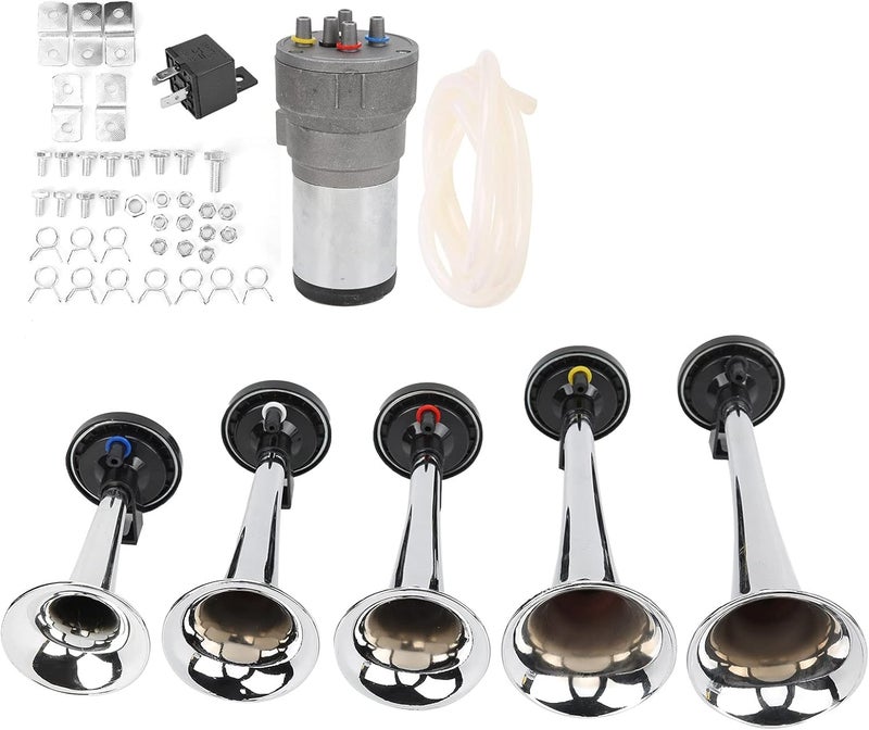 klarako Air Trumpet, klarako Car 5 Trumpet Set Air Horn Dixie Tune 12V with Compressor Chrome Color Replacement for Trains Ships Vans - Image 1