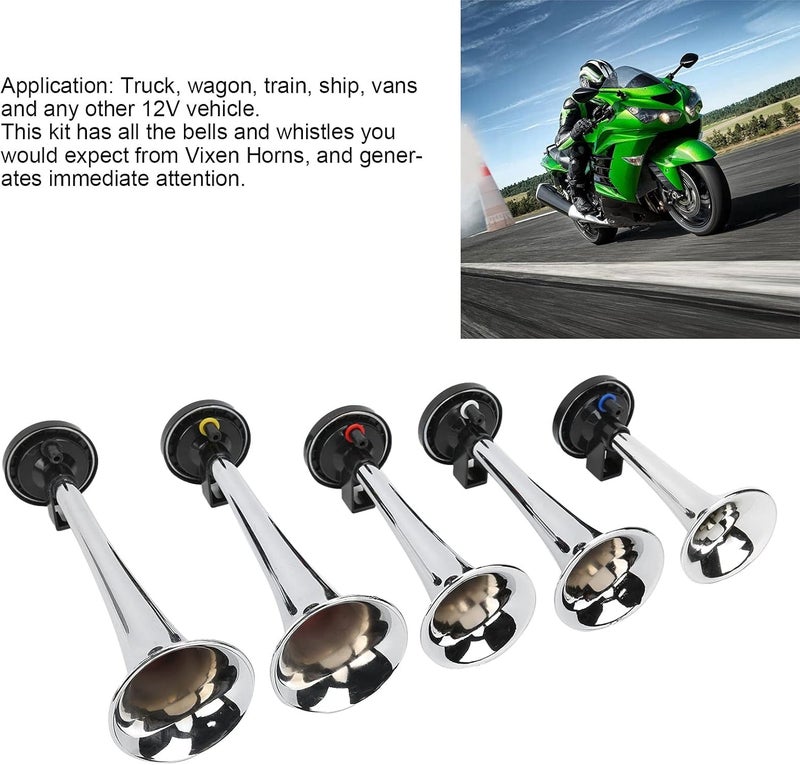 klarako Air Trumpet, klarako Car 5 Trumpet Set Air Horn Dixie Tune 12V with Compressor Chrome Color Replacement for Trains Ships Vans - Image 3