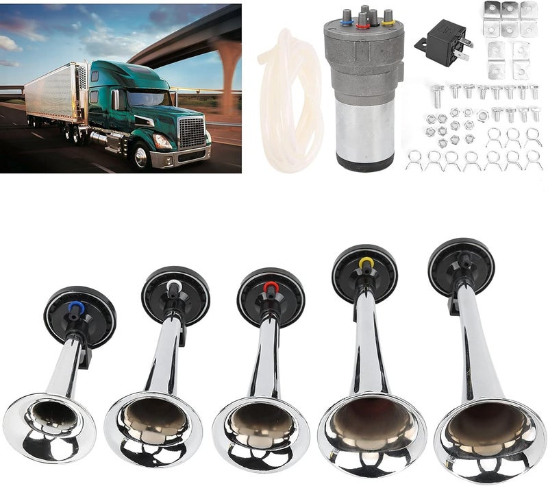 klarako Air Trumpet, klarako Car 5 Trumpet Set Air Horn Dixie Tune 12V with Compressor Chrome Color Replacement for Trains Ships Vans - Image 4
