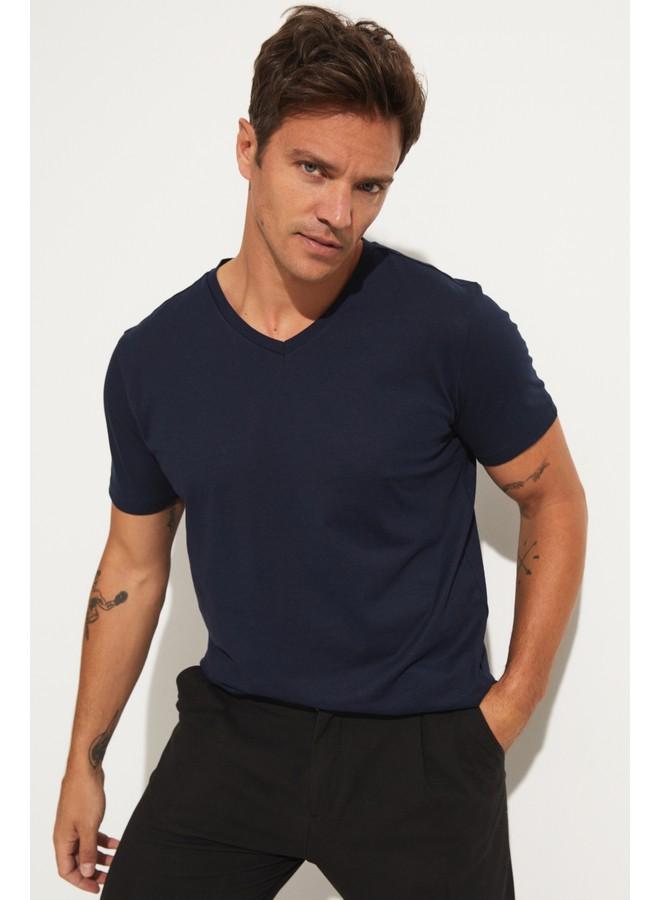 JUNE Men Regular Fit Basic Short Sleeve V-Neck Tshirt Navy - Image 2