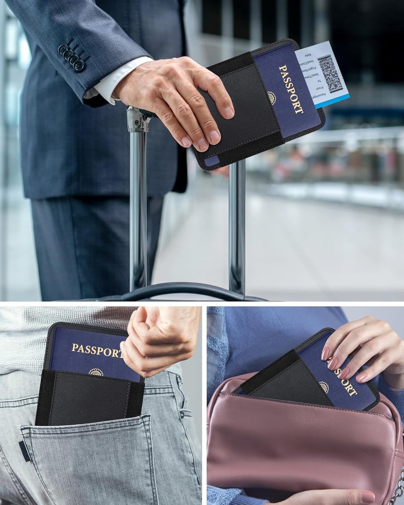 هاي وي حامل جواز سفر مع حامل لـ Airtag، حافظة جواز سفر جلدية بسيطة للرجال والنساء، تحجب إشارات RFID، 4 فتحات للبطاقات، جيب جانبي واحد، لون أسود - Image 2