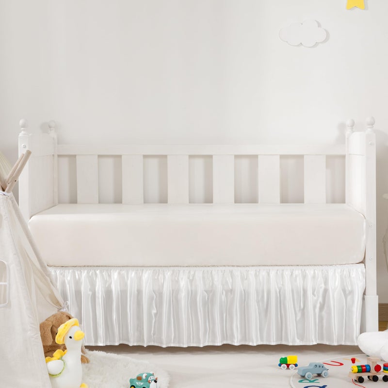 Counfeisly White Satin Crib Bed Skirt, 52" x 28" with 14" Drop Silky Soft Baby Crib Skirt for Baby Girls or Boys, Fit for Standard Crib & Toddler Bedding - Image 1