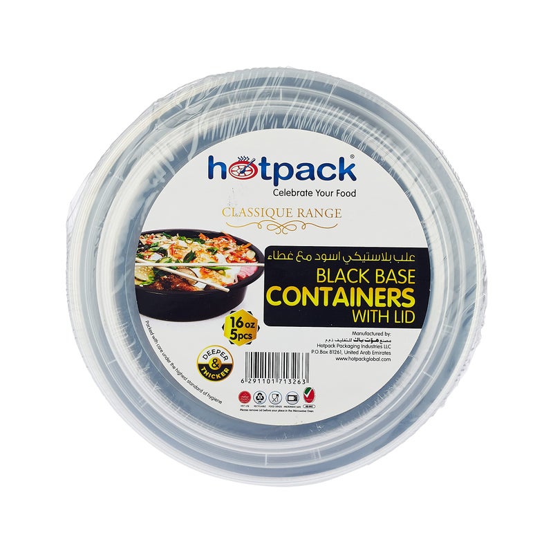 Hotpack 5Pack Disposable Microwave Safe Round Black Base Meal Prep Containers with Clear Lids  16 oz
