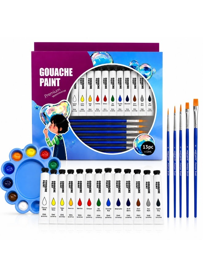 Lukadah 12 Colors Gouache Paint Set with 5 Paint Brushes & Paint Palette, 12ml Artist Paint Tubes, Water-Based Opaque Paint Kit for Canvas, Paper, Wood, Fabric, Sketchbooks, School, Hobby, Students, Beginners & Professional Artists - Image 1
